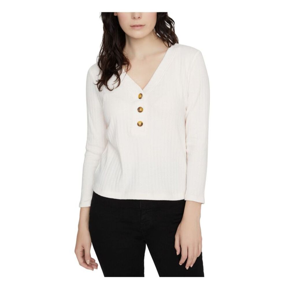 SANCTUARY Womens Ivory Pinstripe 3/4 Sleeve With Buttons Sweater L